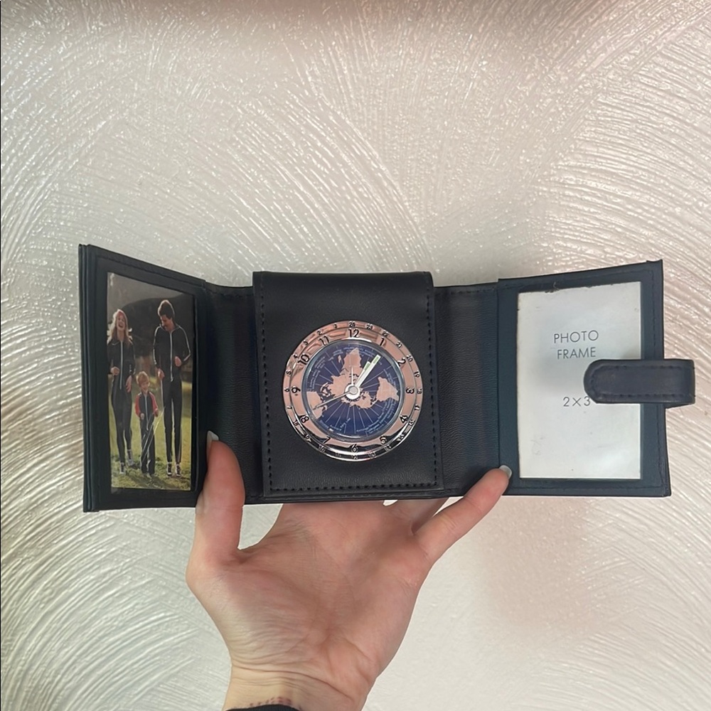 Elegant Black Leather Wallet with Clock